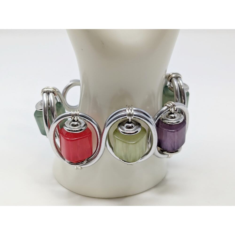 Silver Tone Color Bead Wire Wrapped Chunky Cuff Bracelet